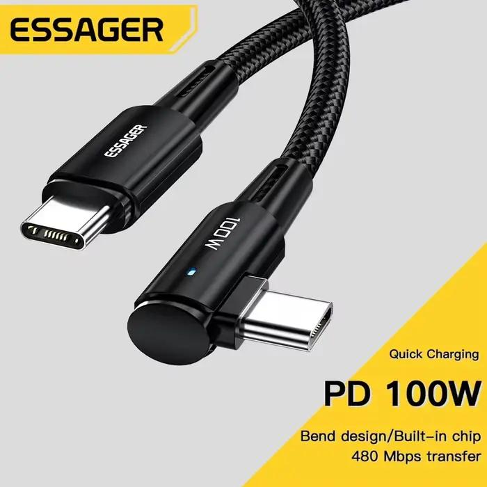 Essager 100W USB Type C vers USB C câble Angle de 90 degrés pour iPad MacBook Pro Xiaomi Samsung Huawei charge rapide type-c Date fil