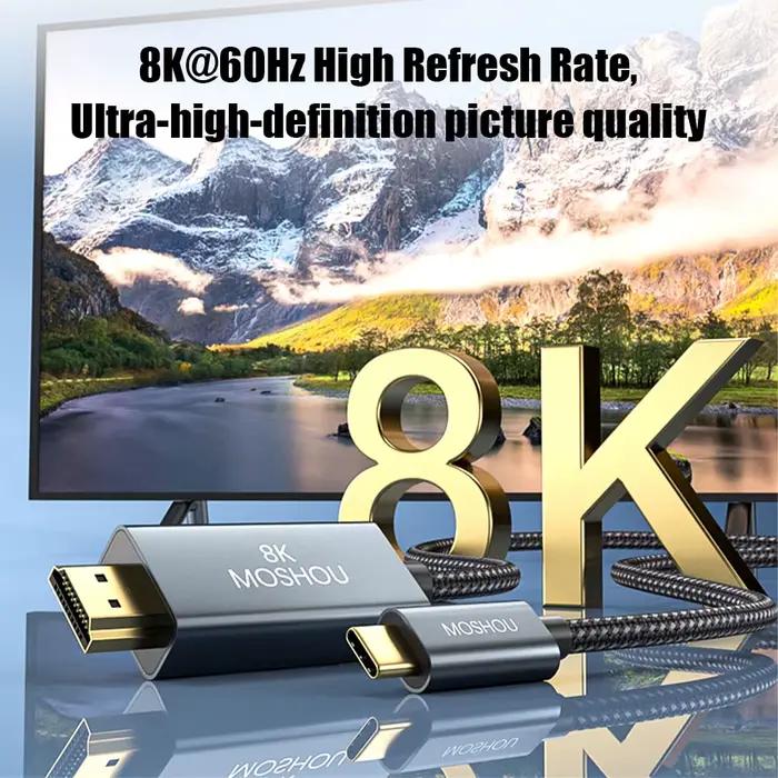Câble tressé USB C vers HDMI 2.1 8K 60Hz 4K 144Hz Compatible avec Smartphones Ordinateurs Télévisions et Appareils Photo Occasions Spéciales Gaming Cinéma