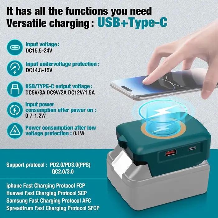 Chargeur sans fil 18V avec pads de recharge rapide et ports USB et Type C pour recharge batterie externe portable et sécurité des appareils électroniques usage extérieur