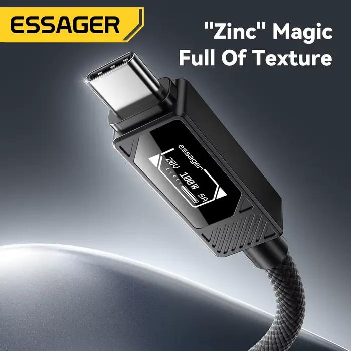 Câble de charge rapide ESSAGER Type C à C affichage numérique pour MacBook Pro/Air iPhone 16/15/14 iPad 925W alliage d'aluminium tresse