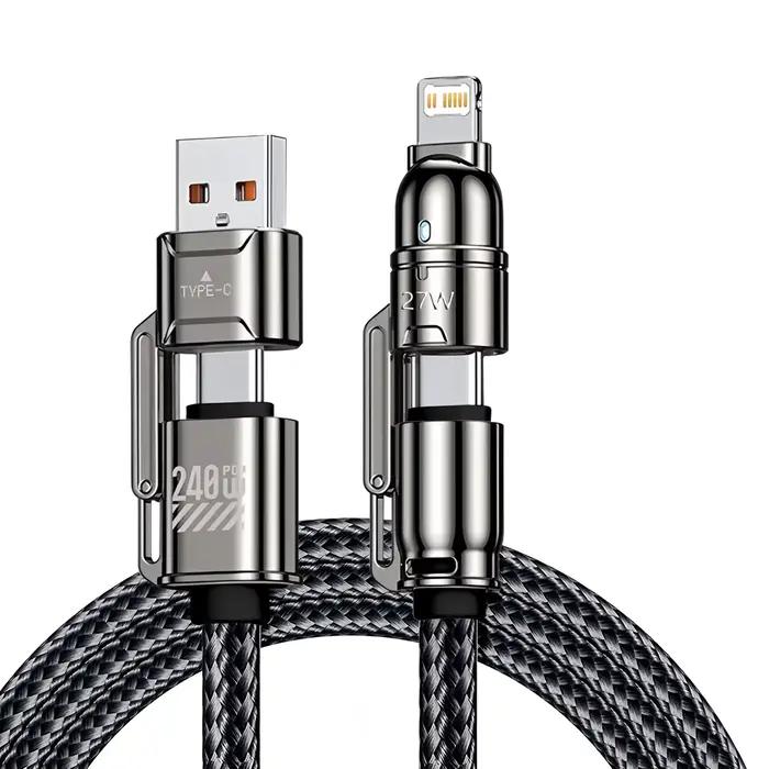 Câble de données 2 à 2 câbles de charge ultra rapides 240W en alliage de Zinc PD 4 en 1 Multi USB Type C vers Lightning