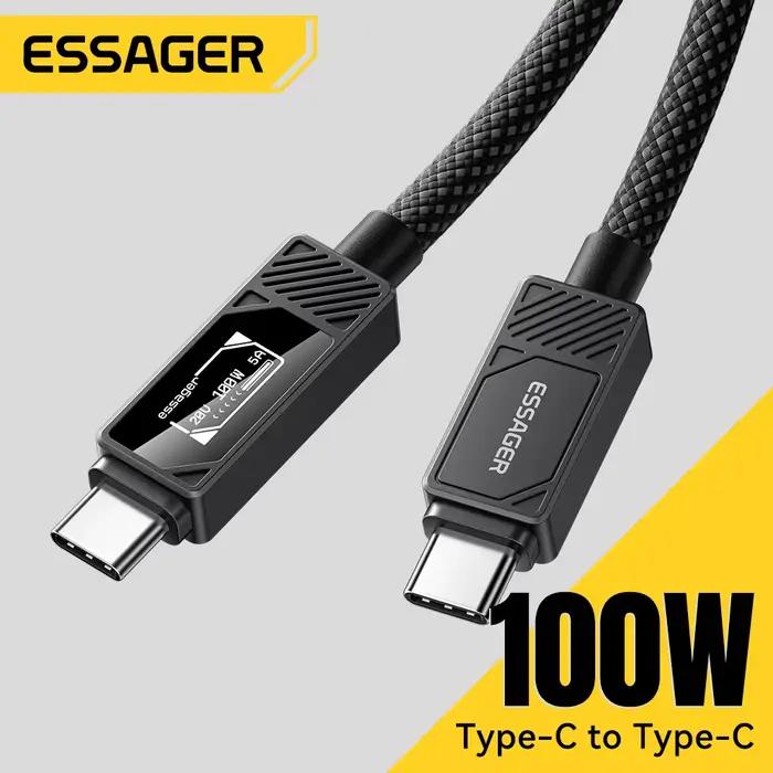 Câble de charge rapide ESSAGER Type C à C affichage numérique pour MacBook Pro/Air iPhone 16/15/14 iPad 925W alliage d'aluminium tresse