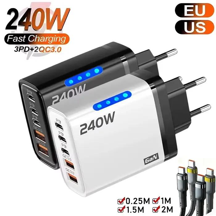 Nouveau chargeur GaN 5 en 1 pour IPhone 16 15pro ordinateur de bureau Samsung 240W adaptateur de charge rapide 120w