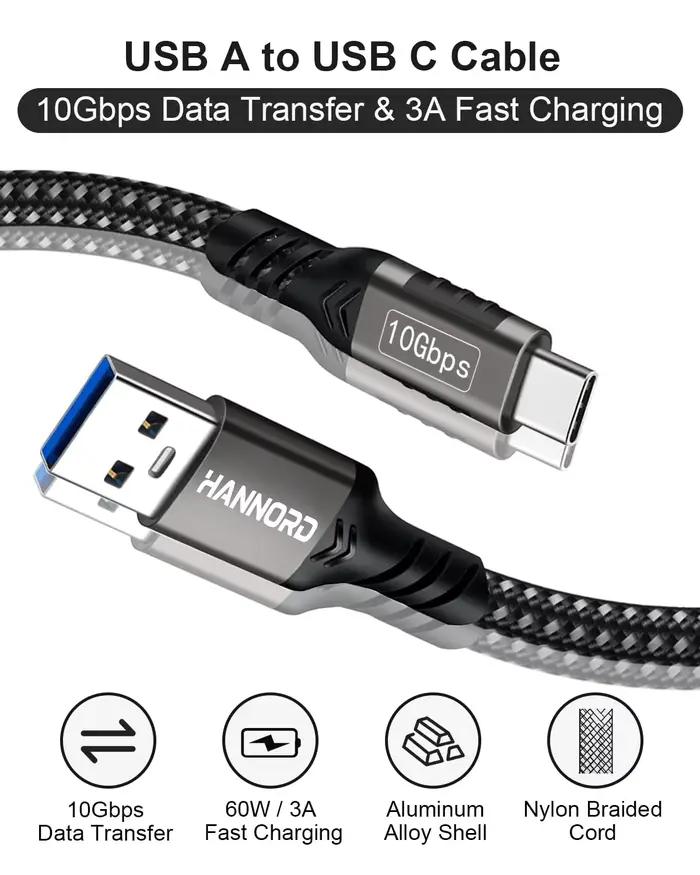 Hannord USB3.2 10Gbps USB A vers USB C 3.2 Gen2 type-c câble transfert de données 3A 60W QC 3.0 charge rapide pour iphone Macbook SSD