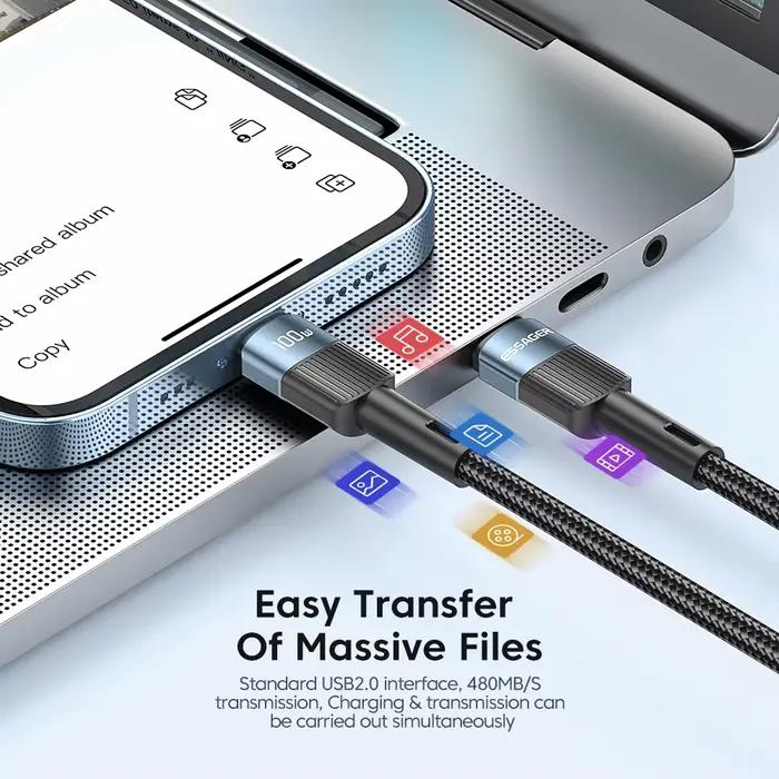 Câble Essager PD 100W Quick Charge 3.0 USB C à USB-C pour recharge rapide et synchronisation de données rapides pour smartphones et ordinateurs portables