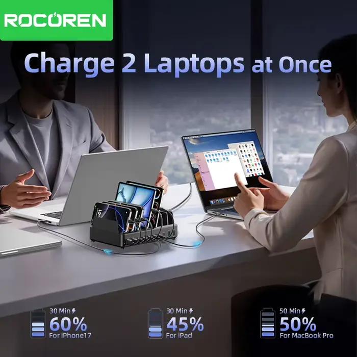 Chargeur Rocoren 400W GaN 6 ports, chargeur de bureau à charge rapide USB Type C, station d'alimentation portable pour iPhone 17 Pro Max Xiaomi 14