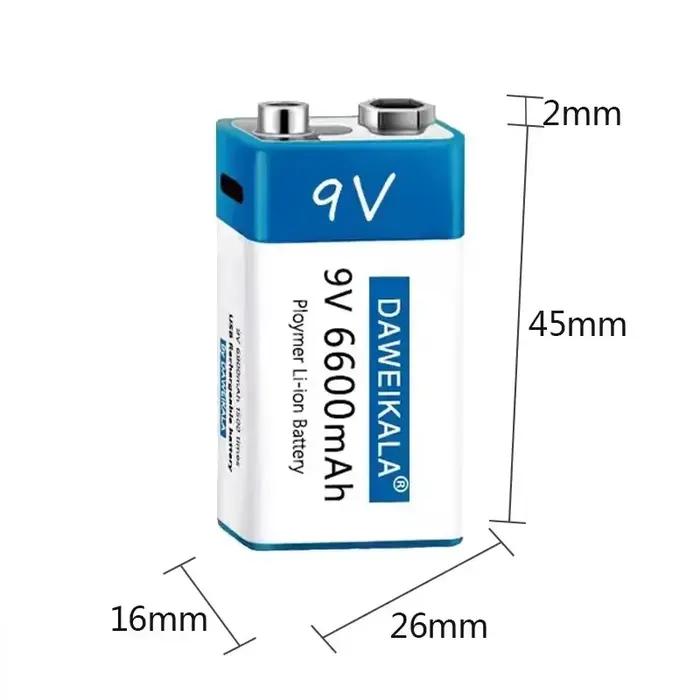 Batterie rechargeable Li-Ion 9V 6600mAh pour appareils photo et électroniques, avec recharge USB pour jouets, détecteurs de fumée et plus