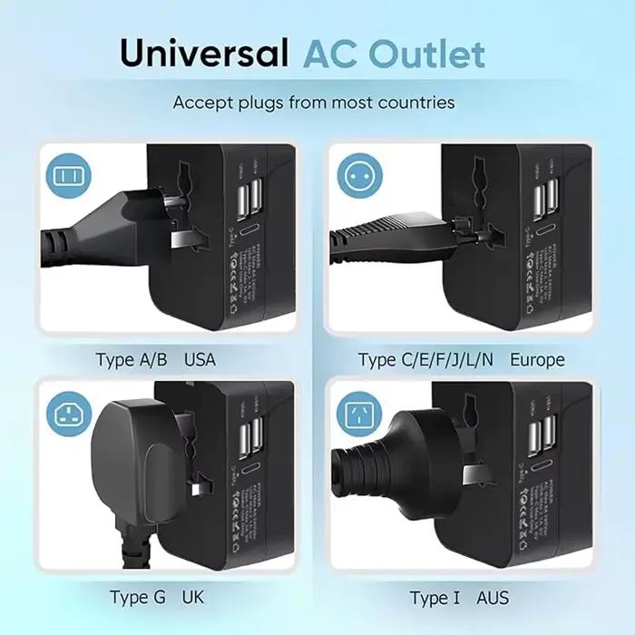 Adaptateur de voyage universel avec 2 Ports USB ou type-c pour recharge mondiale occasions spéciales globetrotters routards et voyageurs d'affaires