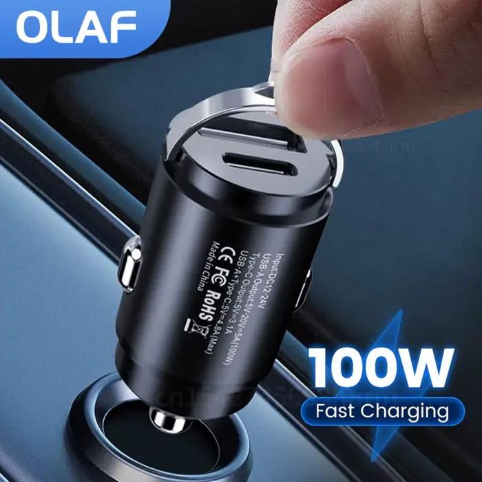 Olaf 100W Mini chargeur de voiture double Ports anneau de traction Charge rapide Type C PD adaptateur