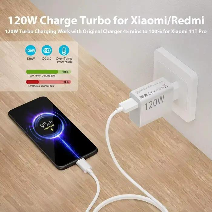 Chargeur USB rapide 120W pour Xiaomi 11 12 13 14 Redmi Note 11T 12 12T 13 14 Pro POCO F4 F5 X4 X5 X6 Type C Turbo 6A occasionnellement pour charge rapide et efficace