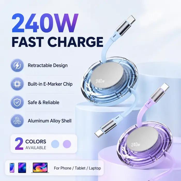 Câble USB C rétractable 240W Max Type C vers Type C