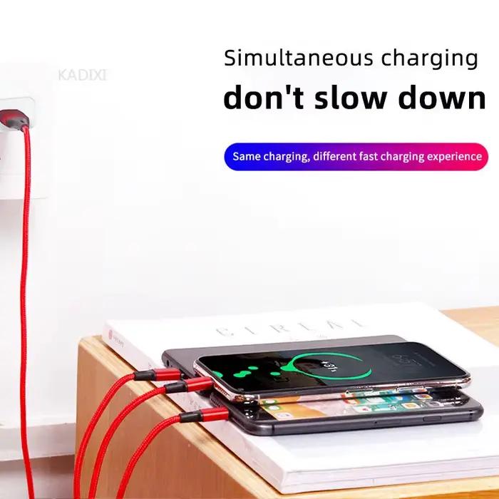 Câble de charge rapide USB 3 en 1 KADIXI tressé en nylon pour iPhone Huawei Samsung multi-chargeur occasions spéciales femmes hommes