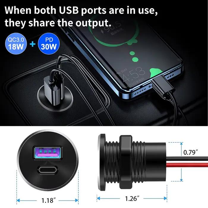 Prise USB 12V 30W PD Type-C et 18W QC3.0 en aluminium