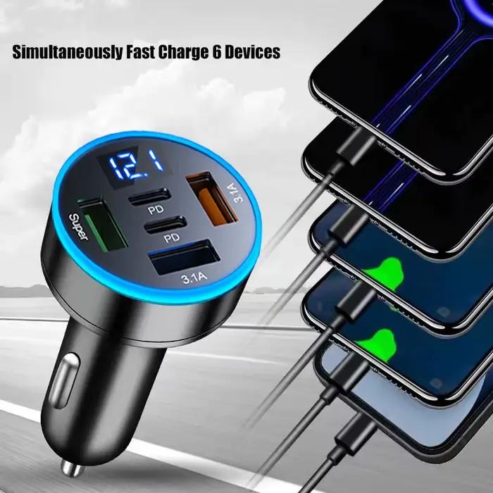 UYUXIO 5 en 1 USB adaptateur de chargeur de téléphone de voiture avec affichage de tension double Port PD Charge Super rapide pour iPhone Samsung Huawei OPPO