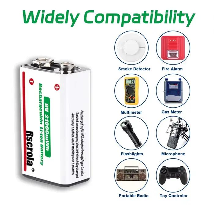 Batterie rechargeable 9V Rscrola avec charge USB-C pour appareils électroniques, détecteurs de fumée, appareils photo, horloges, matériel audio professionnel et kits d'urgence