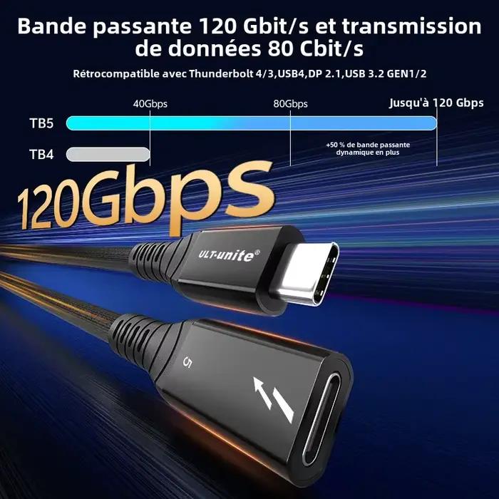 Câble d'extension Thunderbolt 5 240W 120Gbps pour charge rapide et transfert de données ultra-rapide ordinateur portable moniteur PC occasions professionnelles