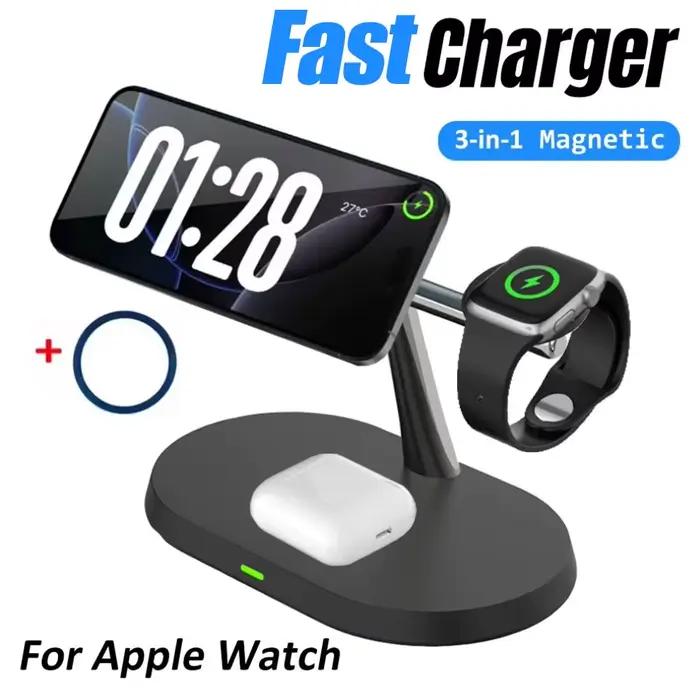 Support de téléphone de bureau avec chargeur sans fil pour MagSafe iPhone 17 16 15 14 13 12 Apple Watch 10 9 8 7 6 AirPods 4 Pro 2 Charge rapide