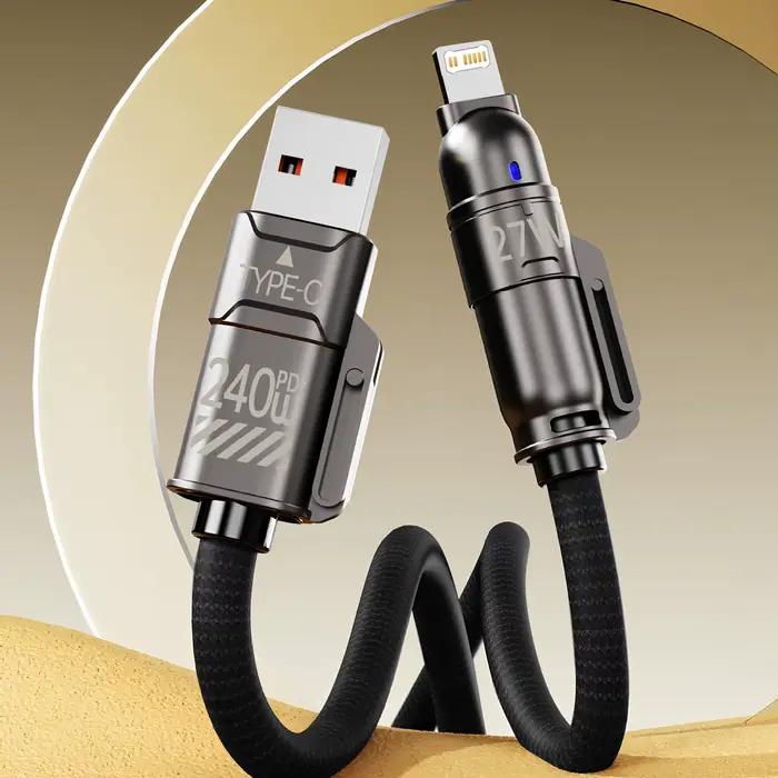 Câble de données 2 à 2 câbles de charge ultra rapides 240W en alliage de Zinc PD 4 en 1 Multi USB Type C vers Lightning