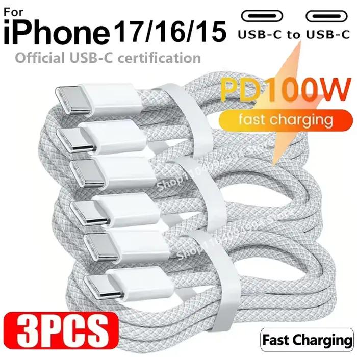 Lot de 3 câbles USB-C vers Type C 100W pour iPhone 15 16 17 Pro