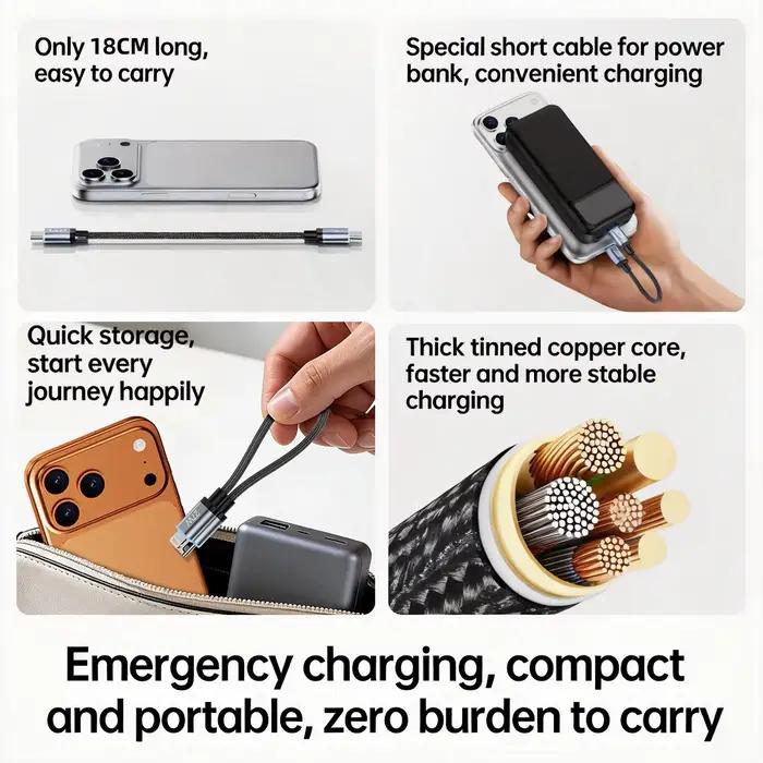 Câble USB C court 18cm Fonken rapidité de charge 240W avec stockage magnétique pour téléphone mobile occasions quotidiennes et cadeaux technologiques