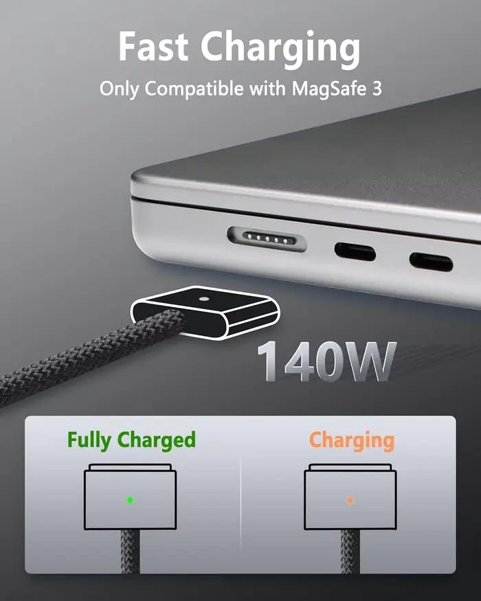 Câble de charge rapide magnétique 140W USB-C vers MagSafe 3 (2m/6
