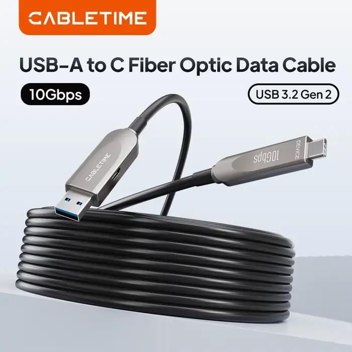 CABLETIME Câble optique actif USB-A vers USB-C 10 Gbit/s USB 3.2 Câble de données longue distance pour caméra VR industriel