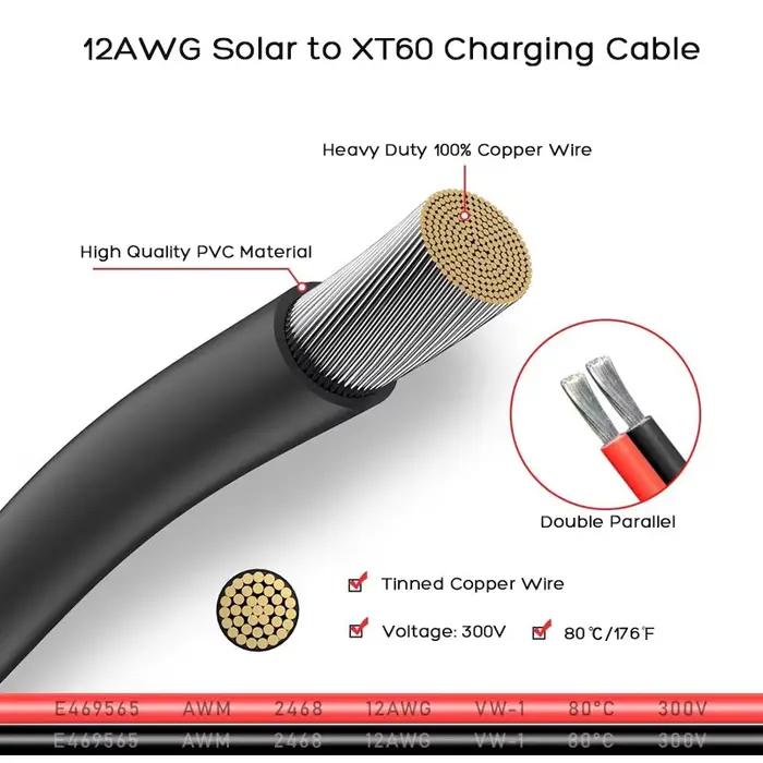 Câble adaptateur panneau solaire 12awg vers XT60 5m/3m pour générateur