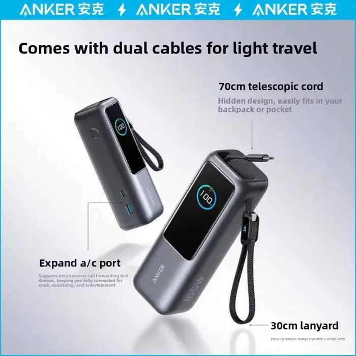 Banque d'alimentation portable Anker Zolo Energy Cabin 25000mAh avec charge rapide 165W et câbles intégrés pour iPhone et ordinateur portable occasions professionnelles et voyage