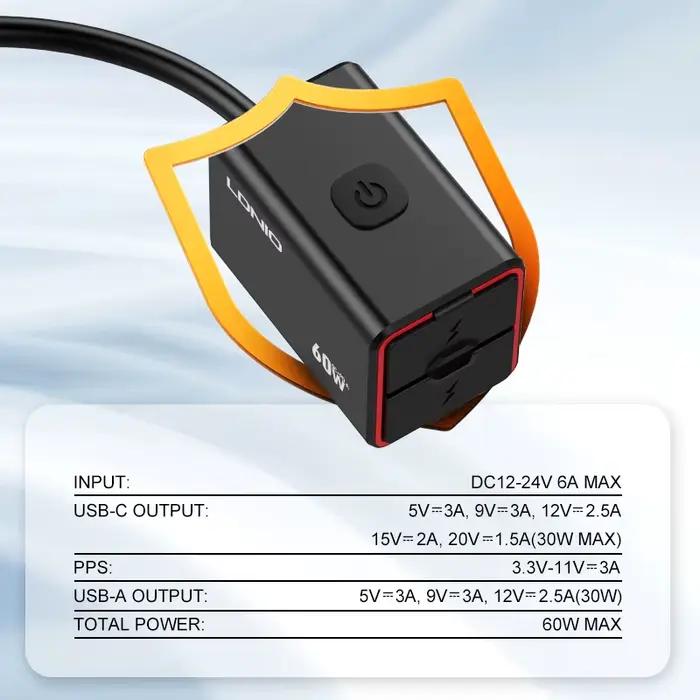 LDNIO moto USB C chargeur rapide PD + qc3.0 60W prise étanche type C téléphone portable 12V / 24V