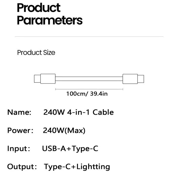 Câble de charge rapide RGB 4 en 1 240W, câble USB Type-C PD - Câble multifonction USB vers Type-C pour la charge rapide des téléphones et des ordinateurs portables