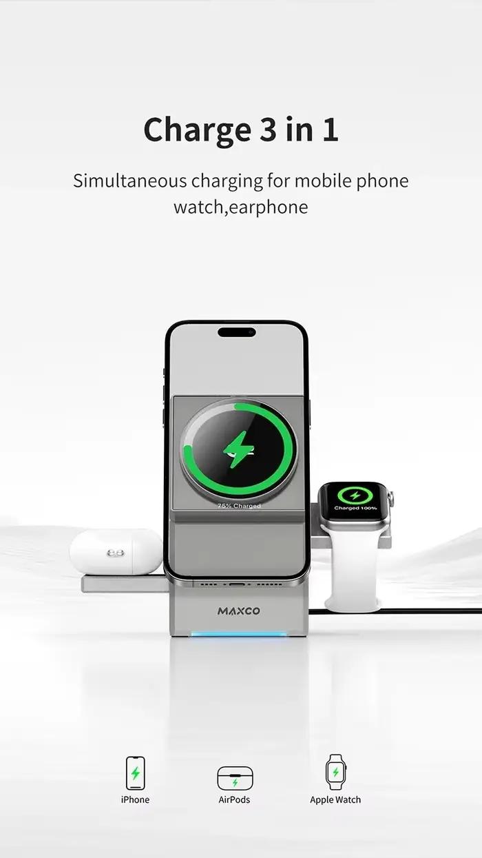 Chargeur sans fil Qi2 3 en 1 avec station d'accueil Cube magique à rotation automatique pour IPhone 16/15/14 Pro Max
