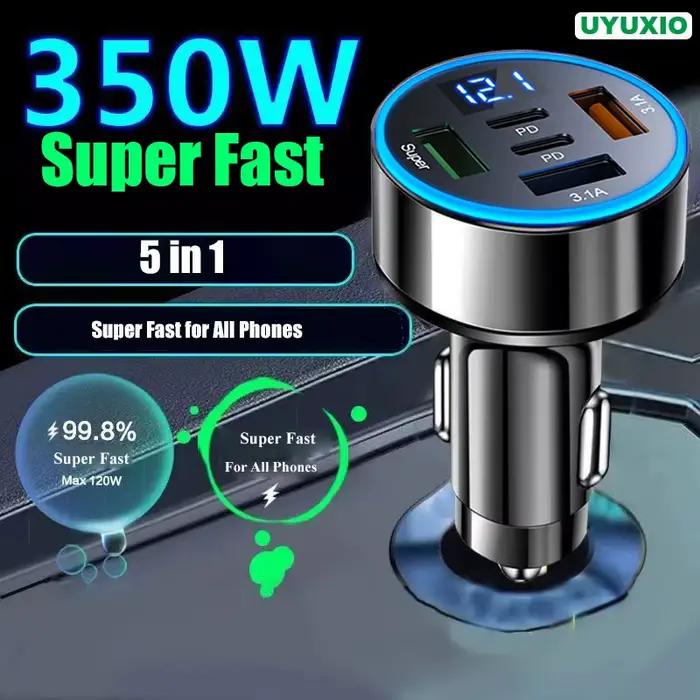 UYUXIO 5 en 1 USB adaptateur de chargeur de téléphone de voiture avec affichage de tension double Port PD Charge Super rapide pour iPhone Samsung Huawei OPPO