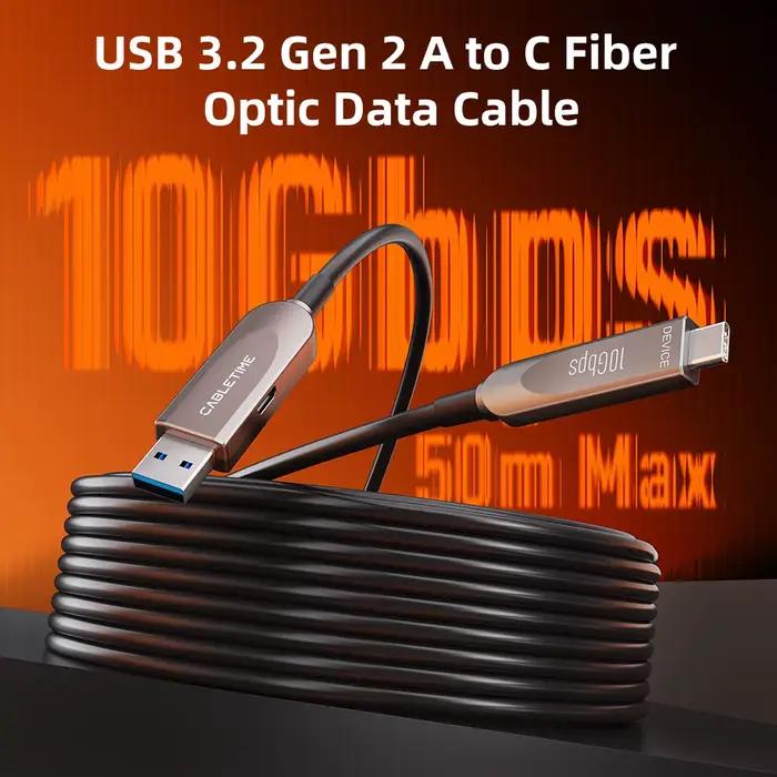 CABLETIME Câble optique actif USB-A vers USB-C 10 Gbit/s USB 3.2 Câble de données longue distance pour caméra VR industriel