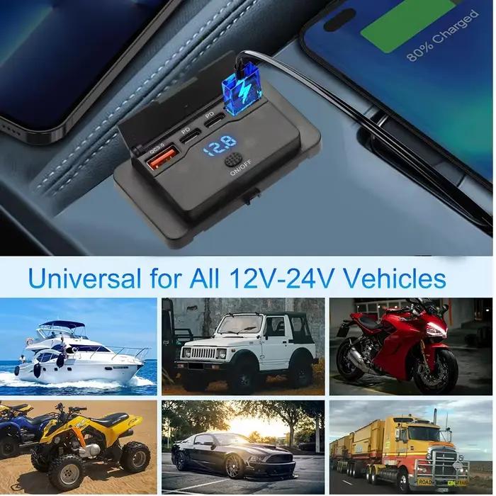 Chargeur de Voiture Multi-Ports PD+QC3.0 avec Interrupteur pour Recharge Rapide Compatible Téléphones Tablette GPS Occasions Spéciales