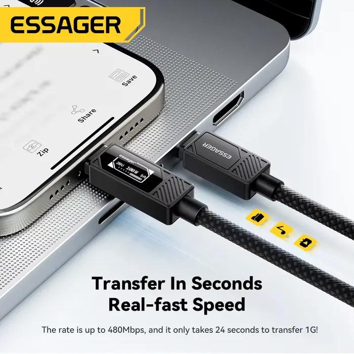 Câble de charge rapide ESSAGER Type C à C affichage numérique pour MacBook Pro/Air iPhone 16/15/14 iPad 925W alliage d'aluminium tresse