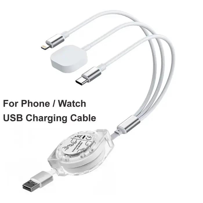Câble de chargement multiple avec chargeur Apple Watch - Cordon de charge rapide portable rétractable avec Lightning/Type C/iWatch pour iPhone