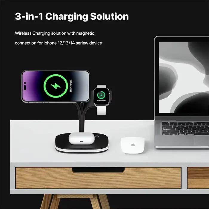 Chargeur sans fil magnétique 3 en 1 pour iPhone 13/14/15/ Pro Max/12 100% Station de charge sans fil rapide pour Apple Watch/AirPods Pro