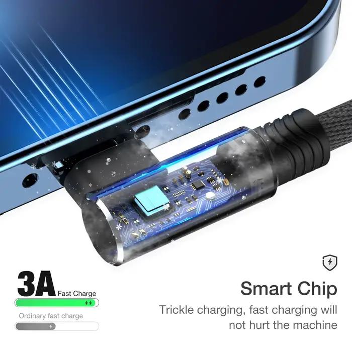 Câble USB à 90 degrés pour iPhone 14 13 12 11 Pro Max X XR XS 10 5 6 6s 7 8 Plus SE 2020 2022 iPad mini téléphone portable long Blanc Bleu Rouge Noir 1m 2m 3m