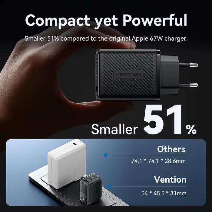 Chargeur rapide Vention 65W GaN avec technologie USB-PD et Qualcomm Quick Charge pour iPhone 16 15 14 13 et ordinateurs portables occasions quotidiennes et voyages