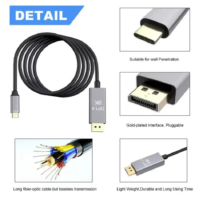Câble USB C vers DisplayPort 1.4 8K avec USB-C PD 8K @ 60Hz 4K @ 144Hz Thunderbolt 3
