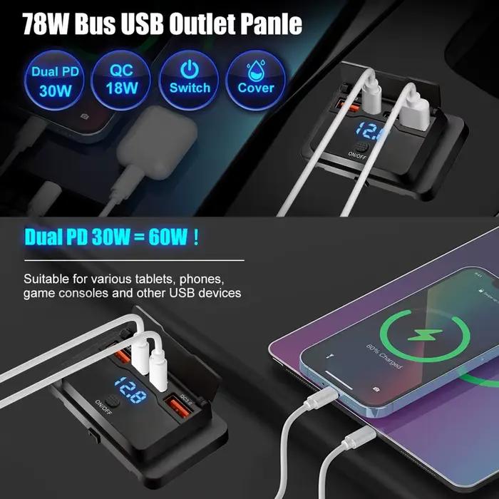 Chargeur de Voiture Multi-Ports PD+QC3.0 avec Interrupteur pour Recharge Rapide Compatible Téléphones Tablette GPS Occasions Spéciales