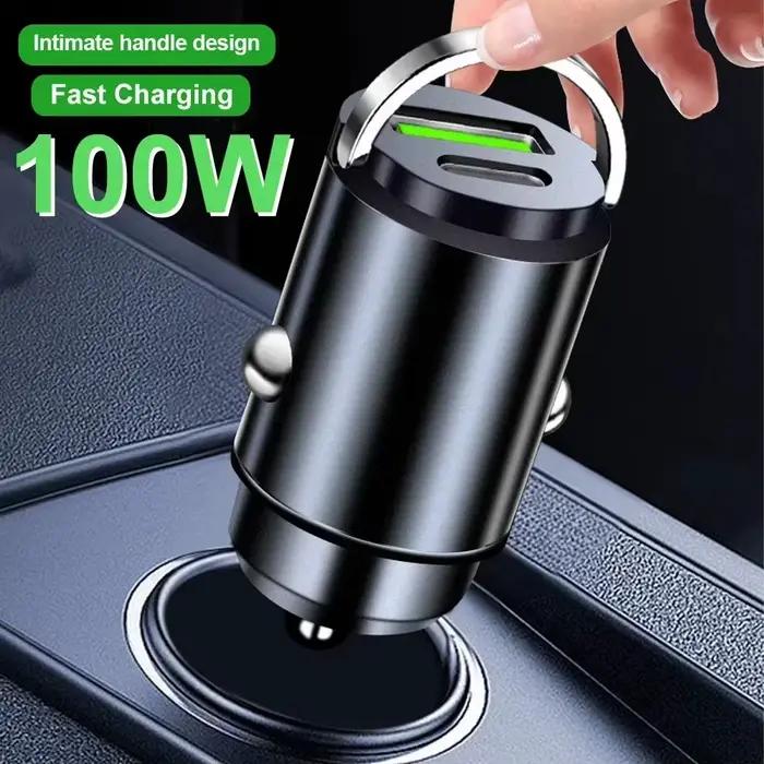 Mini chargeur de voiture 100W Type C double USB à charge rapide pour iPhone 17 Pro Max Samsung Huawei Xiaomi, chargeur allume-cigare