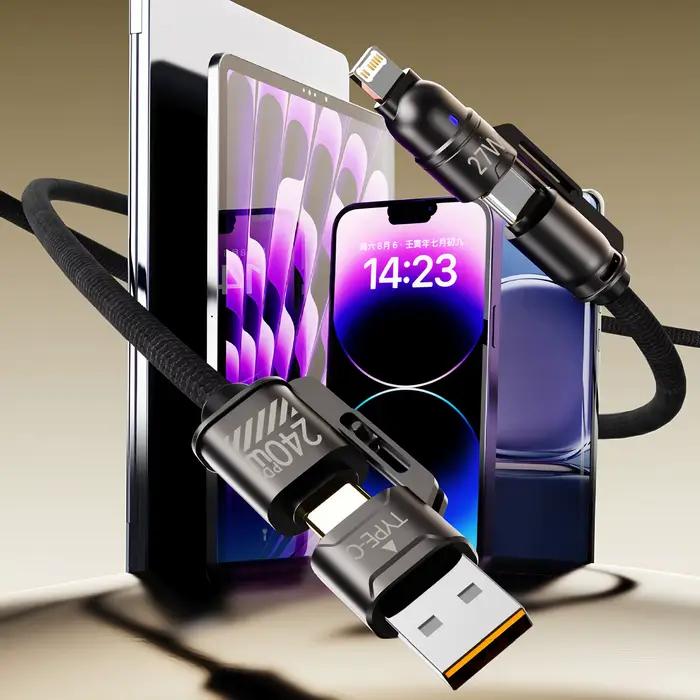 Câble de données 2 à 2 câbles de charge ultra rapides 240W en alliage de Zinc PD 4 en 1 Multi USB Type C vers Lightning