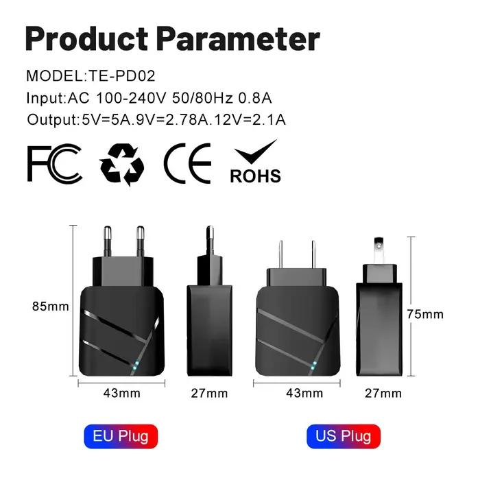 40W PD USB C Chargeur Charge Rapide QC 3.0 Mur