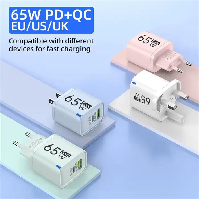 Chargeur USB-C GaN 65W à 3 ports, adaptateur mural de charge rapide QC3.0 pour téléphones mobiles iPhone 16 17 Samsung Xiaomi Huawei, prise UE US UK