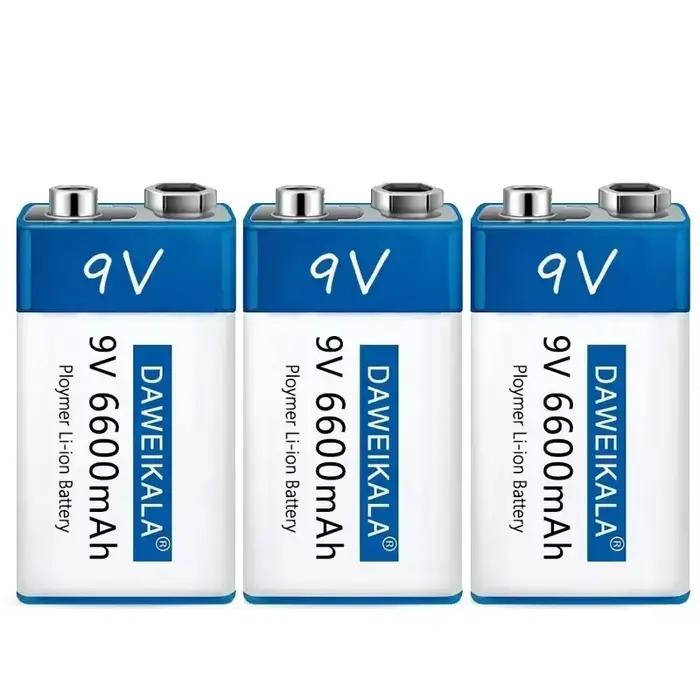Batterie rechargeable Li-Ion 9V 6600mAh pour appareils photo et électroniques, avec recharge USB pour jouets, détecteurs de fumée et plus