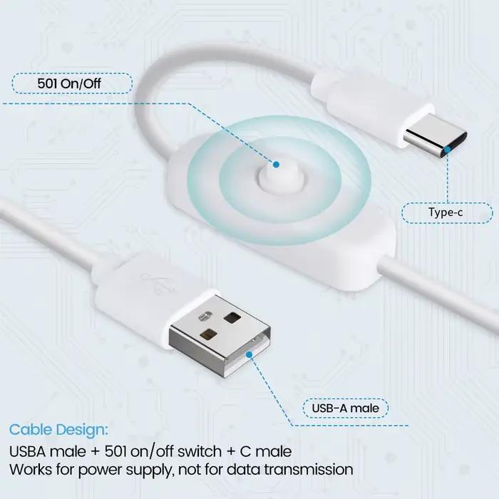 Câble de charge USB A vers Type C avec interrupteur marche arrêt pour téléphone portable lampe bureau tablette PC câble extension sécurité composite