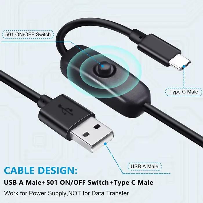 Câble de charge USB A vers Type C avec interrupteur marche arrêt pour téléphone portable lampe bureau tablette PC câble extension sécurité composite