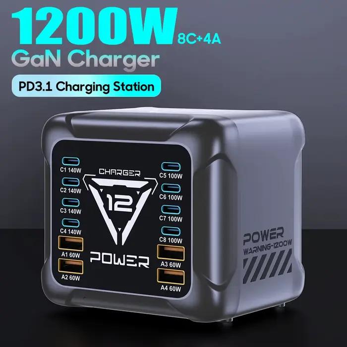 Chargeur USB-C 1200W, Station de Charge Rapide GaN PD3.1 140W 100W PPS