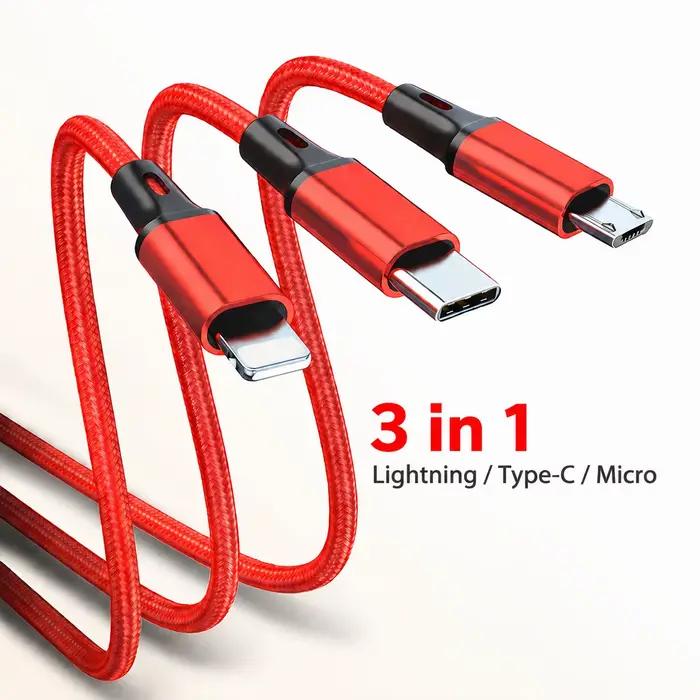 Câble de charge multi-prise 3 en 1 Type C Lightning Micro USB 2.4A pour iPhone Samsung Xiaomi Android Téléphone Tablette Charge Rapide Occasions Spéciales